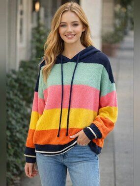 Mia & Tess Acrylic Blend Multicolor Boucle Striped Hoodie Size M